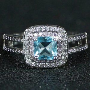 NEW Silver Blue Princess Cut Double Pink Halo Ring